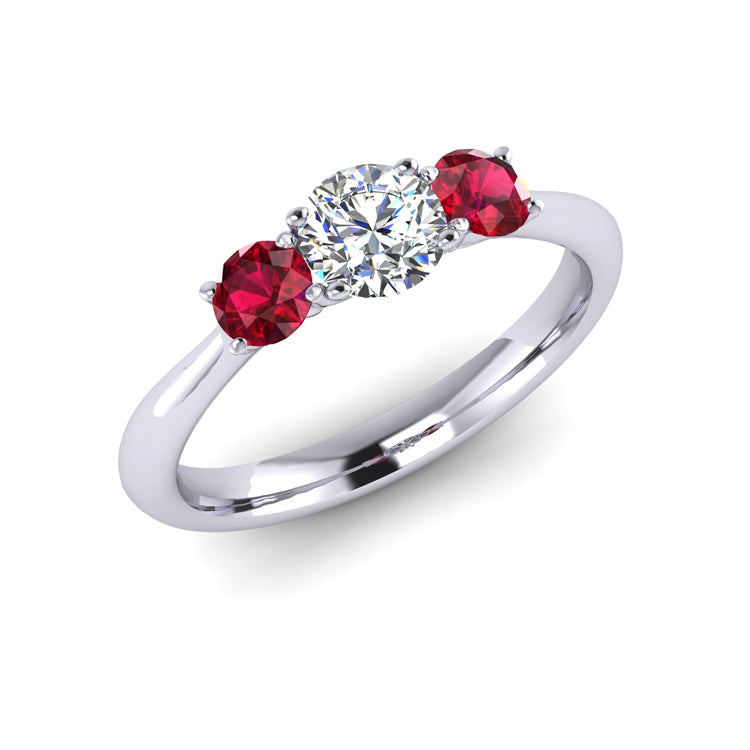 Fine Diamond and Ruby Trilogy Platinum Ring Perspective View