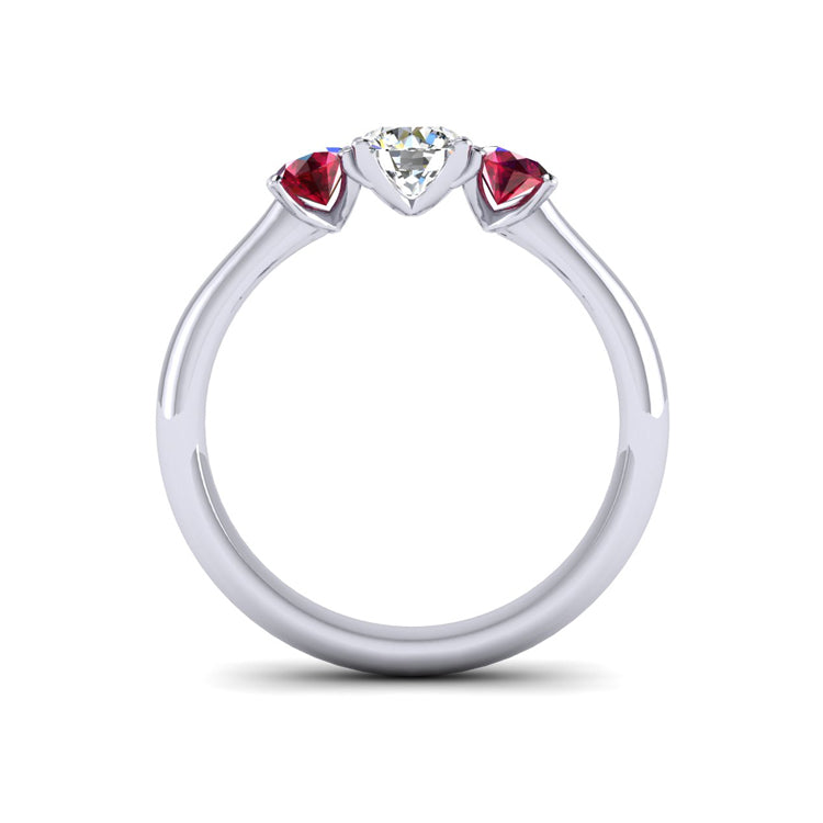 Fine Diamond and Ruby Trilogy Platinum Ring Through Finger View
