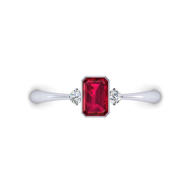 Fine Octagonal Cut Ruby and Diamond Ring in Platinum Looking Down View