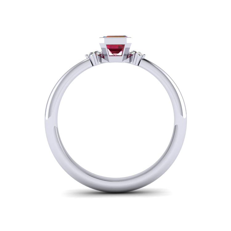 Fine Octagonal Cut Ruby and Diamond Ring in Platinum Through Finger View