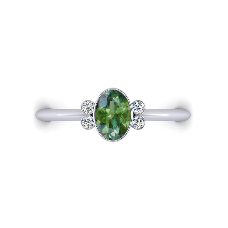 Forest Green Sapphire and Diamond Bezel Set Platinum Ring Looking Down View