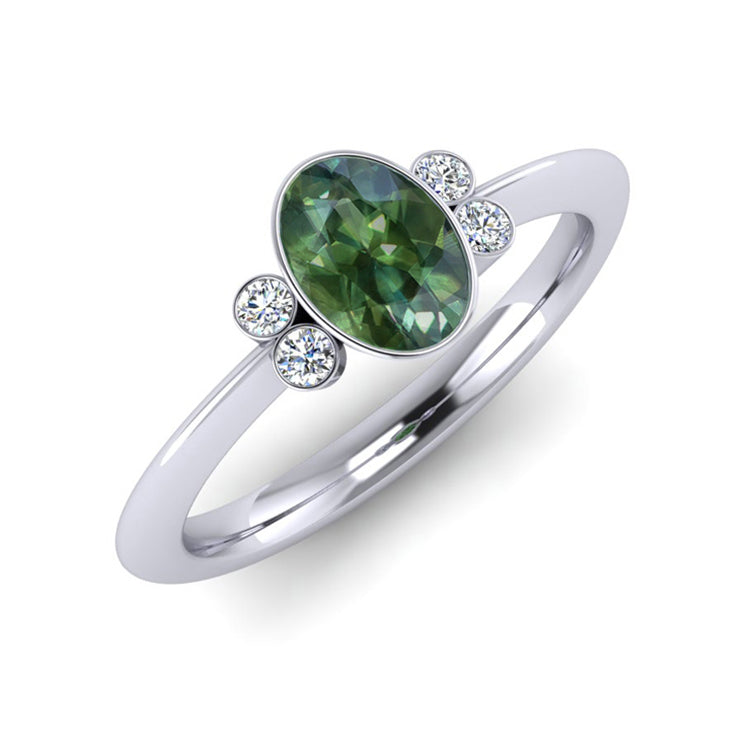 Forest Green Sapphire and Diamond Bezel Set Platinum Ring Perspective View