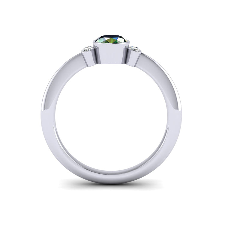 Forest Green Sapphire and Diamond Bezel Set Platinum Ring Through Finger View