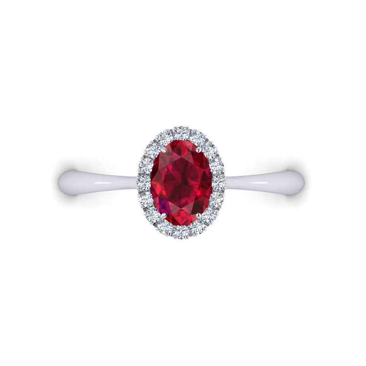Hand Fabricated Ruby and Diamond Halo Platinum Ring Looking Down View