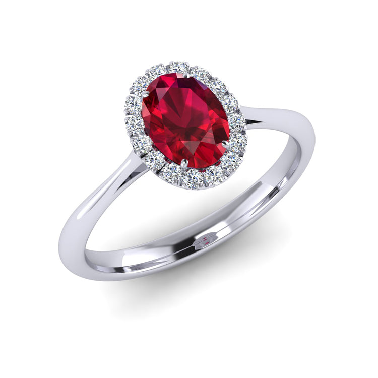 Hand Fabricated Ruby and Diamond Halo Platinum Ring Perspective View