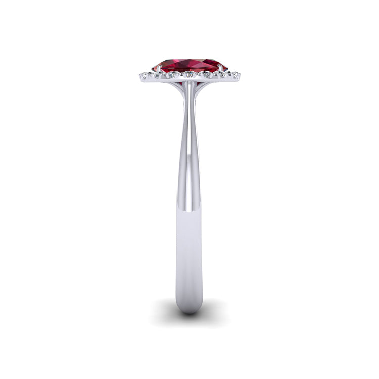 Hand Fabricated Ruby and Diamond Halo Platinum Ring Side View