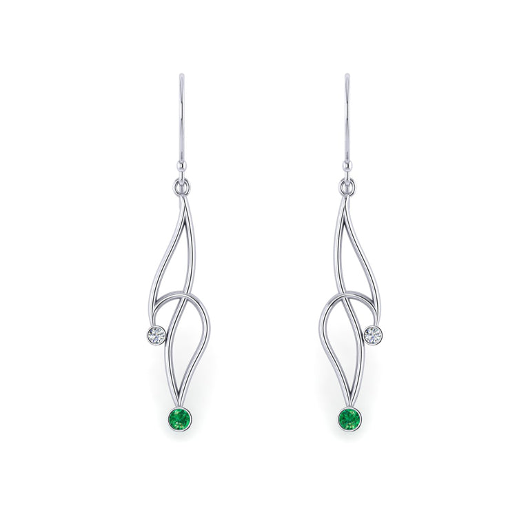 Natural Emerald Platinum Curlicue Earrings