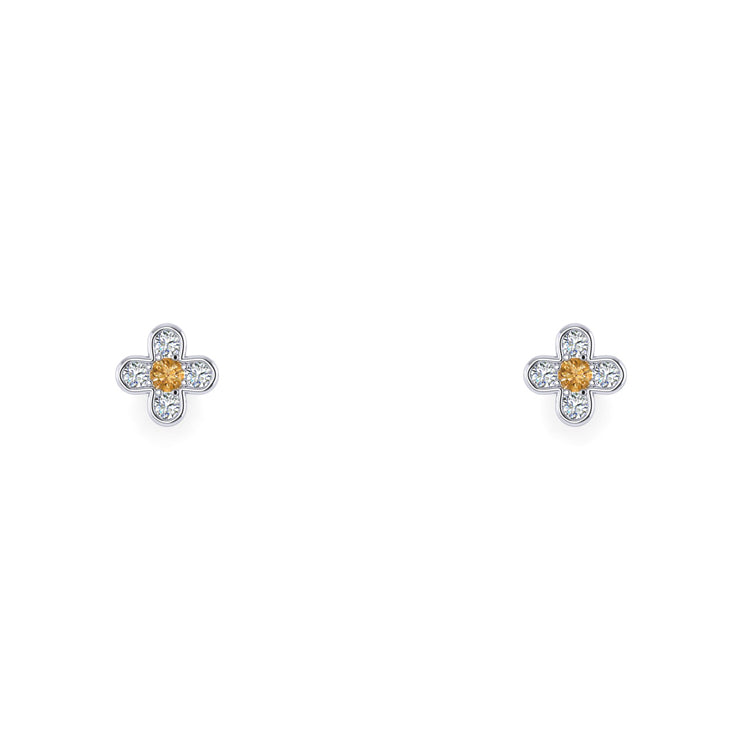 Natural Orange Diamond Flower Platinum Studs Earrings