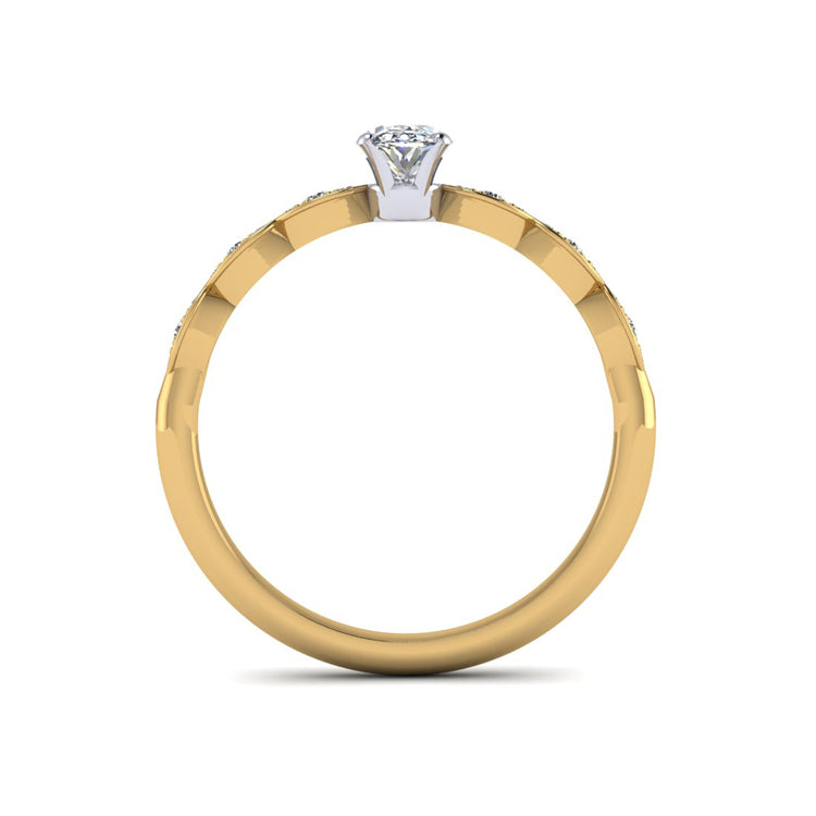 Oval diamond in platinum setting. Marquise shaped 18ct yellow gold shank with round diamonds. Through finger view