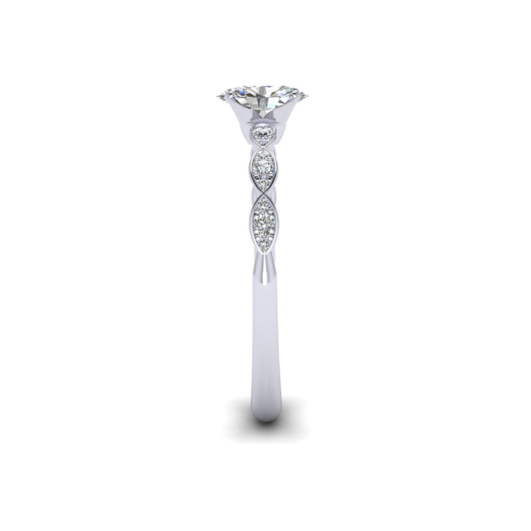 Oval diamond  with Delicate Marquise shaped platinum shank set with round diamonds. Side view