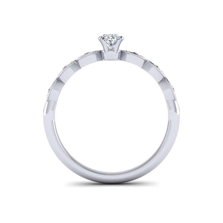 Oval diamond  with Delicate Marquise shaped platinum shank set with round diamonds. Through finger  view