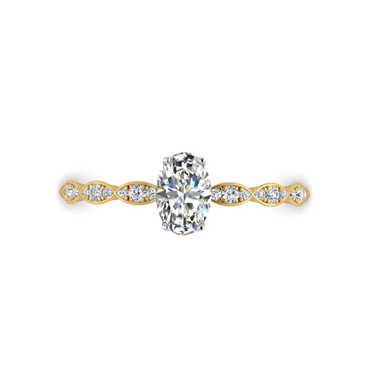 Oval diamond in platinum setting. Marquise shaped 18ct yellow gold shank with round diamonds. Looking Down view