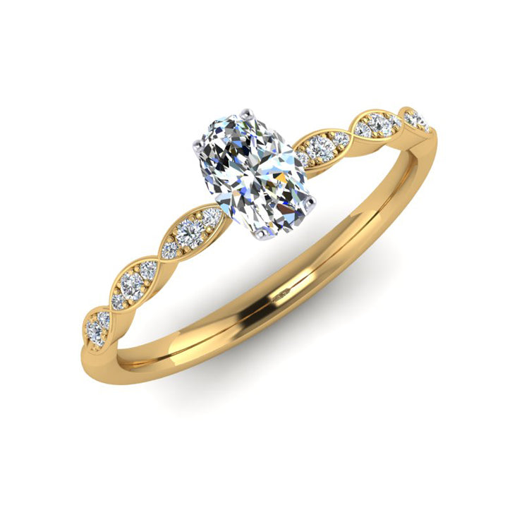Oval diamond in platinum setting. Marquise shaped 18ct yellow gold shank with round diamonds. Perspective view