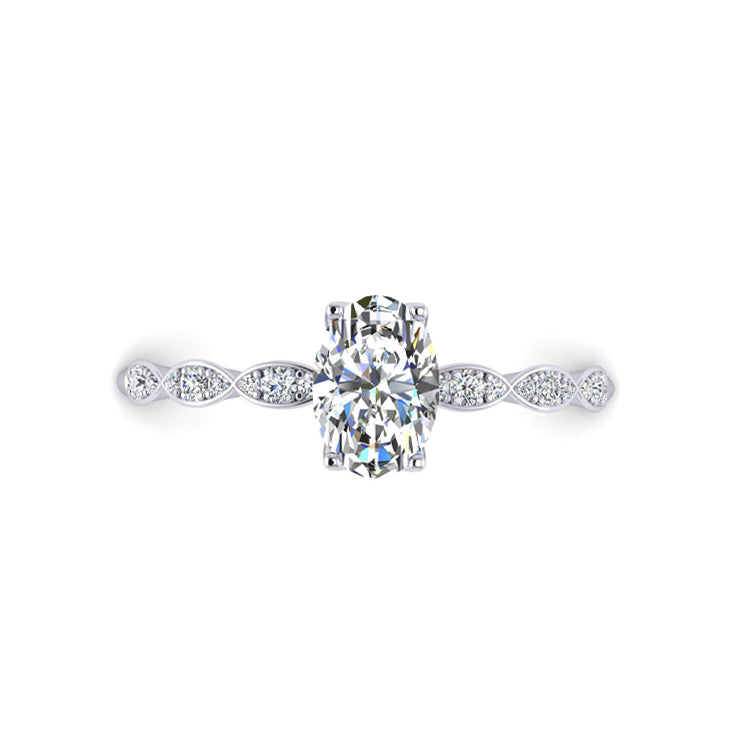 Oval diamond  with Delicate Marquise shaped platinum shank set with round diamonds. Looking Down view