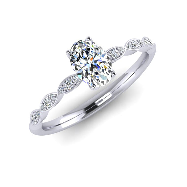 Oval diamond  with Delicate Marquise shaped platinum shank set with round diamonds. Perspective view