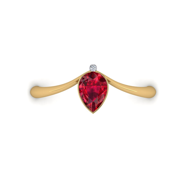 Pear Shape Natural Ruby and Diamond Gold Ring Looking Down View