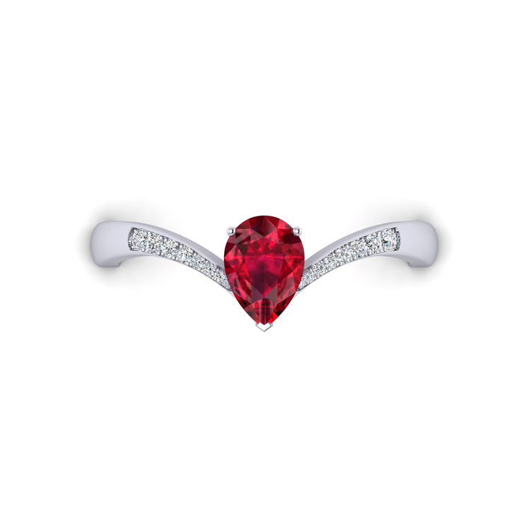 Natural Pear Shape Ruby and Diamond Platinum Ring Looking Down View