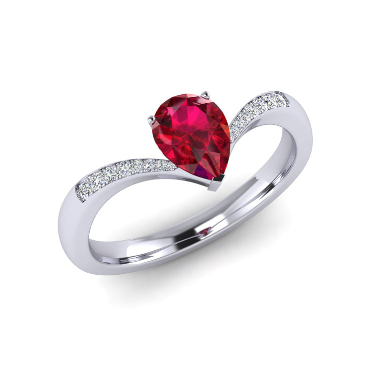 Natural Pear Shape Ruby and Diamond Platinum Ring Perspective View