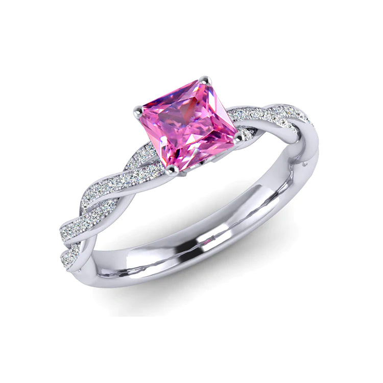 Pink Square Sapphire and Diamond Twist Design Platinum Ring