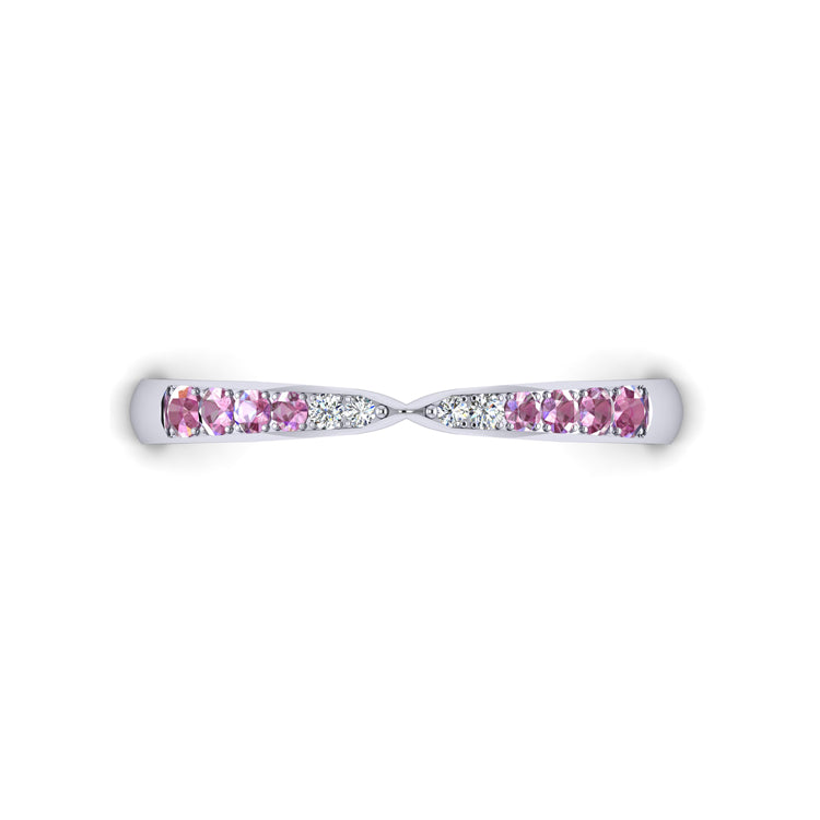 Pink Sapphire, Diamond and Platinum Pinched In Center Wedding Ring Looking Down View