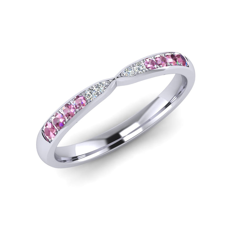 Pink Sapphire, Diamond and Platinum Pinched In Center Wedding Ring