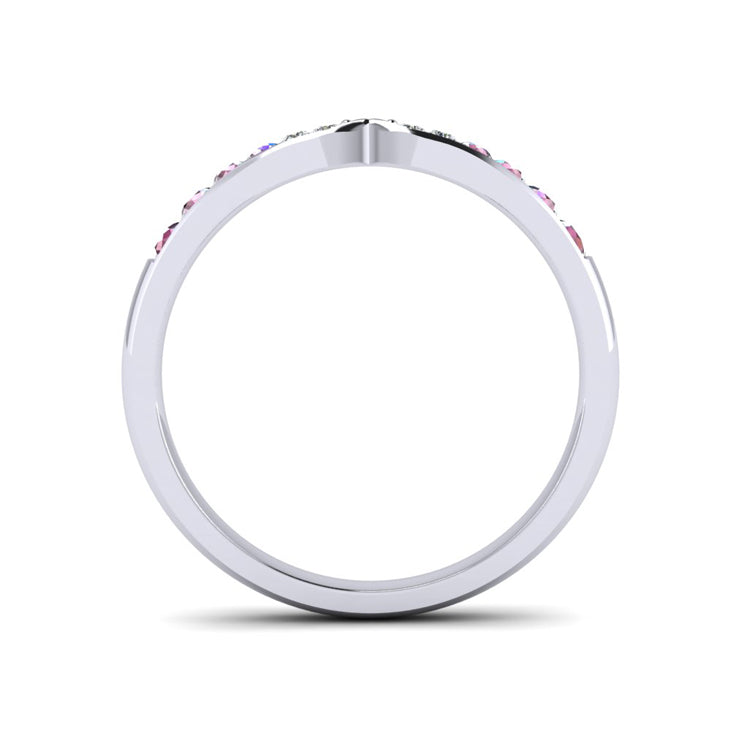 Pink Sapphire, Diamond and Platinum Pinched In Center Wedding Ring Through Finger View