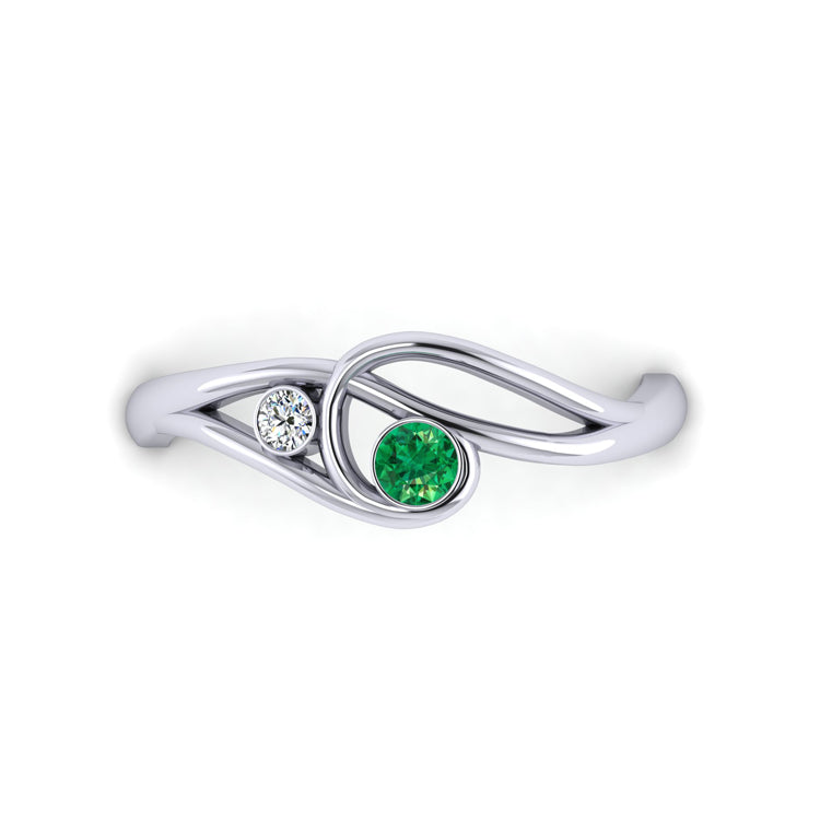 Platinum Emerald and Fine Diamond Curlicue Ring Looking Down View
