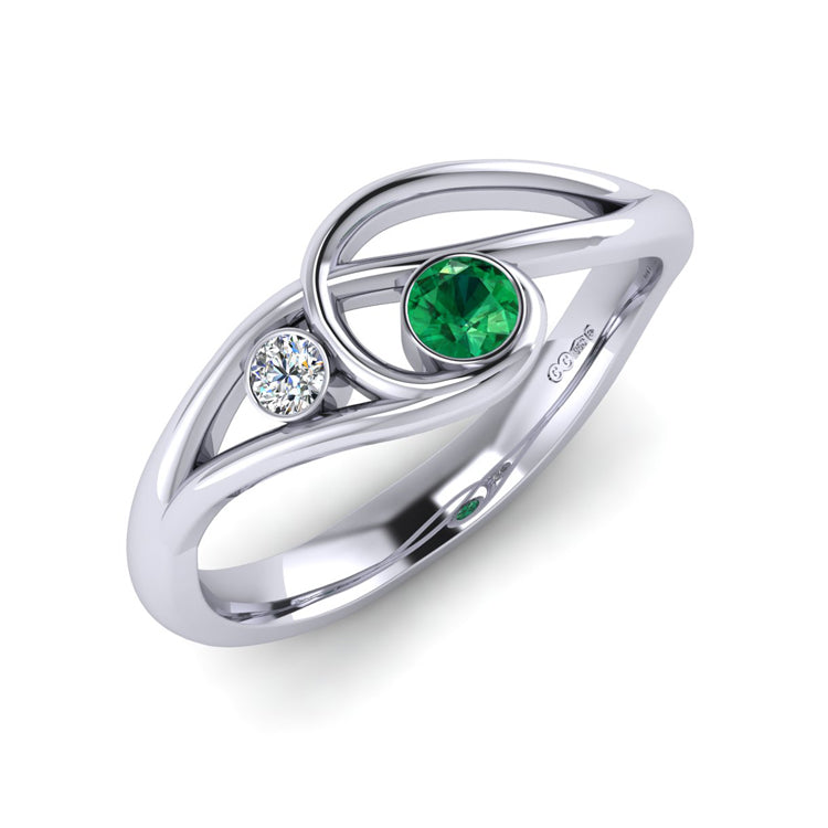 Platinum Emerald and Fine Diamond Curlicue Ring Perspective View