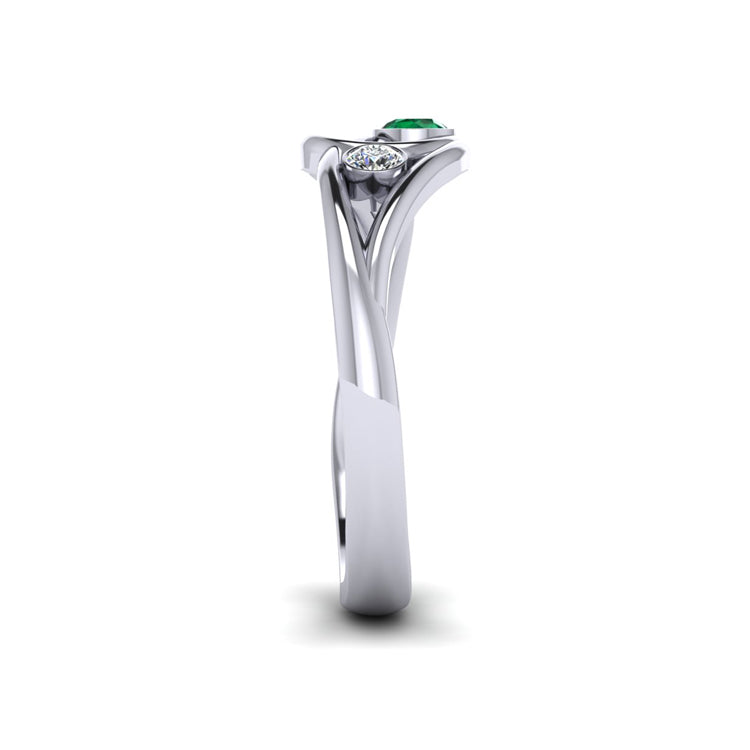 Platinum Emerald and Fine Diamond Curlicue Ring Side View