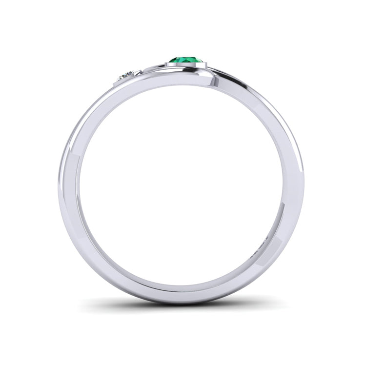 Platinum Emerald and Fine Diamond Curlicue Ring Through Finger View