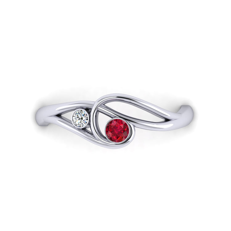 Platinum Ruby and Fine Diamond Curlicue Ring Looking Down View