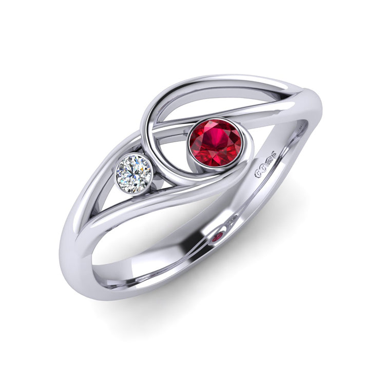 Platinum Ruby and Fine Diamond Curlicue Ring Perspective View