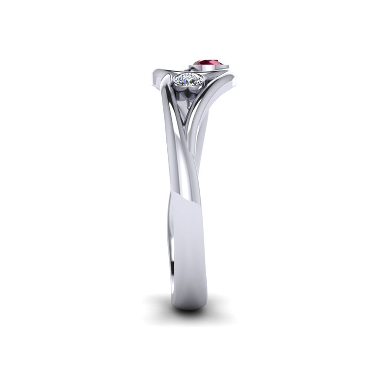 Platinum Ruby and Fine Diamond Curlicue Ring Side View
