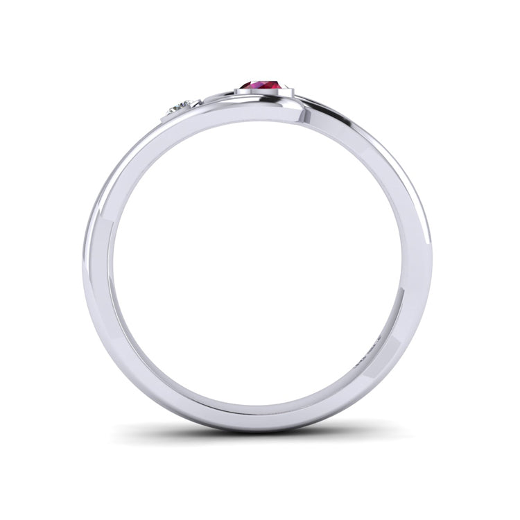 Platinum Ruby and Fine Diamond Curlicue Ring Through Finger View