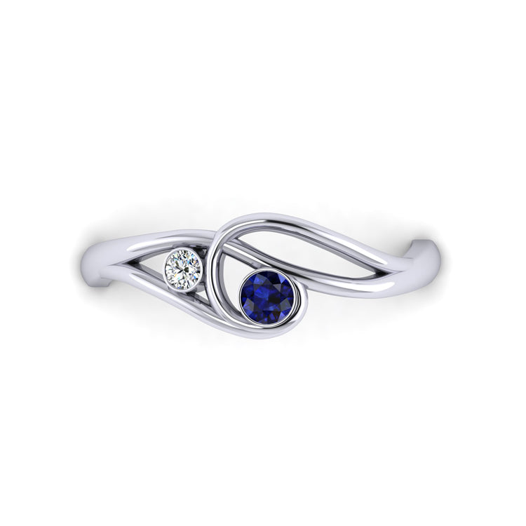 Platinum Sapphire and Fine Diamond Curlicue Ring Looking Down View