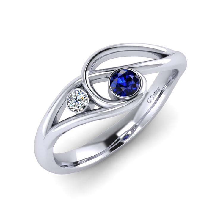 Platinum Sapphire and Fine Diamond Curlicue Ring Perspective View