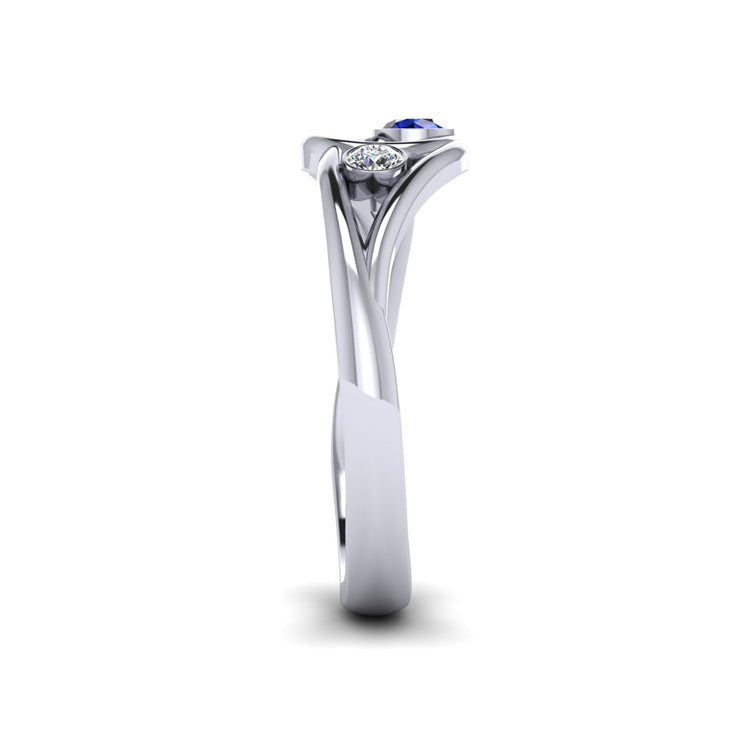 Platinum Sapphire and Fine Diamond Curlicue Ring Side View