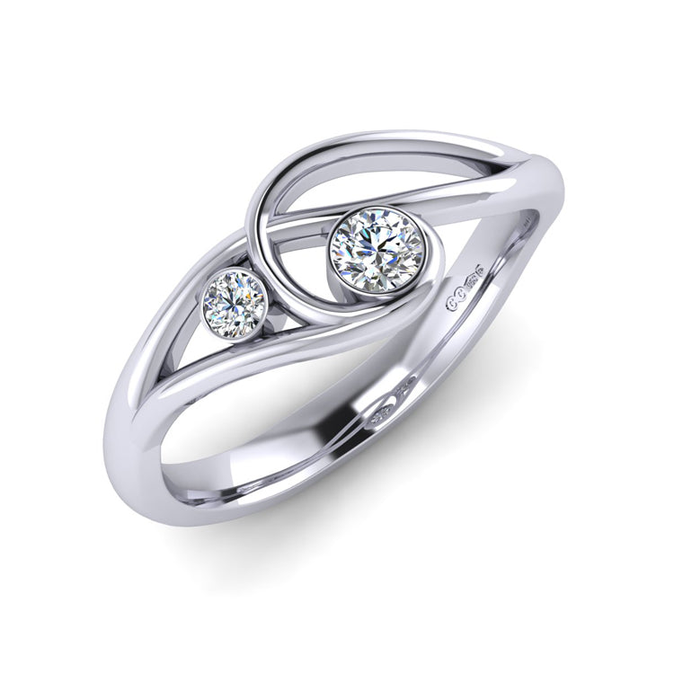 Platinum and Two Fine Diamond Curlicue Ring Perspective View