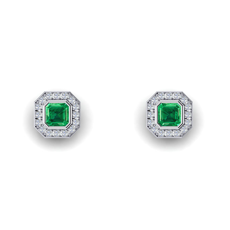 Octagonal Emerald and Diamond Sleeves Platinum Stud Earrings