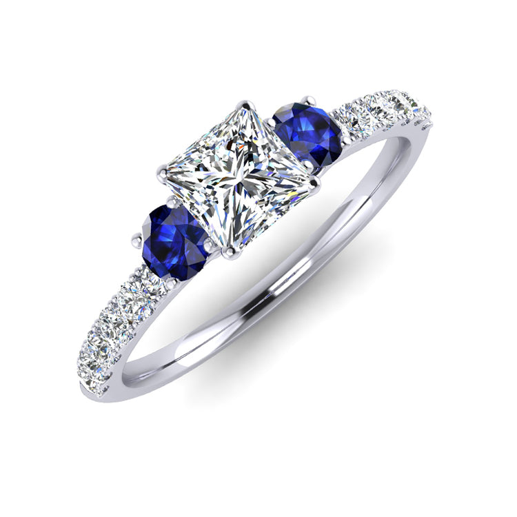 Princess-Cut Lab-Created Blue Sapphire and Diamond Accent Three Stone Ring  in 10K White Gold | Zales