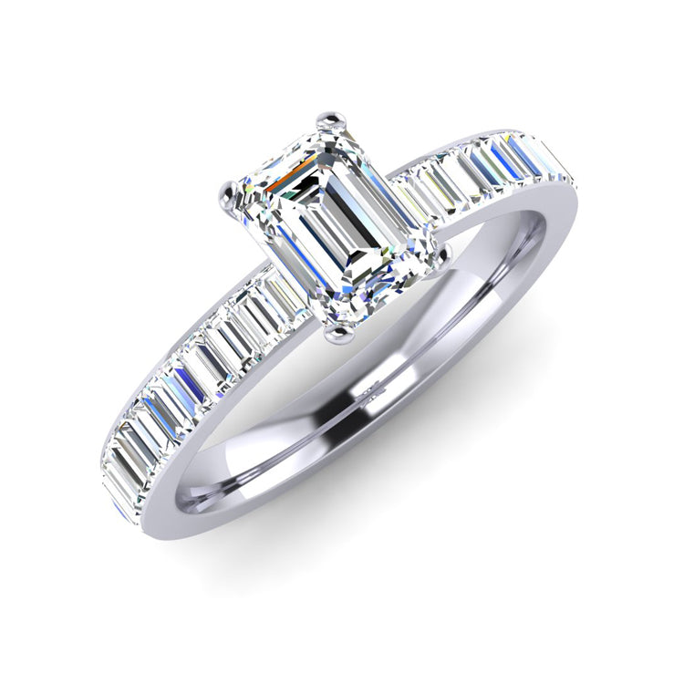 GIA G Colour Emerald Cut Diamond Engagement Ring in Platinum with baguette cuts