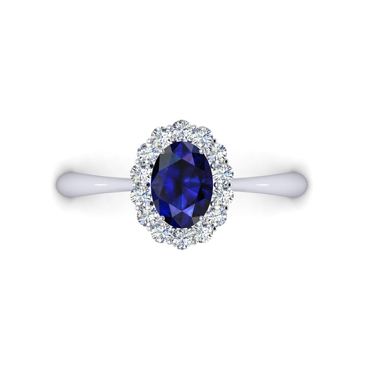 Oval sapphire and diamond cluster platinum engagement ring looking down view